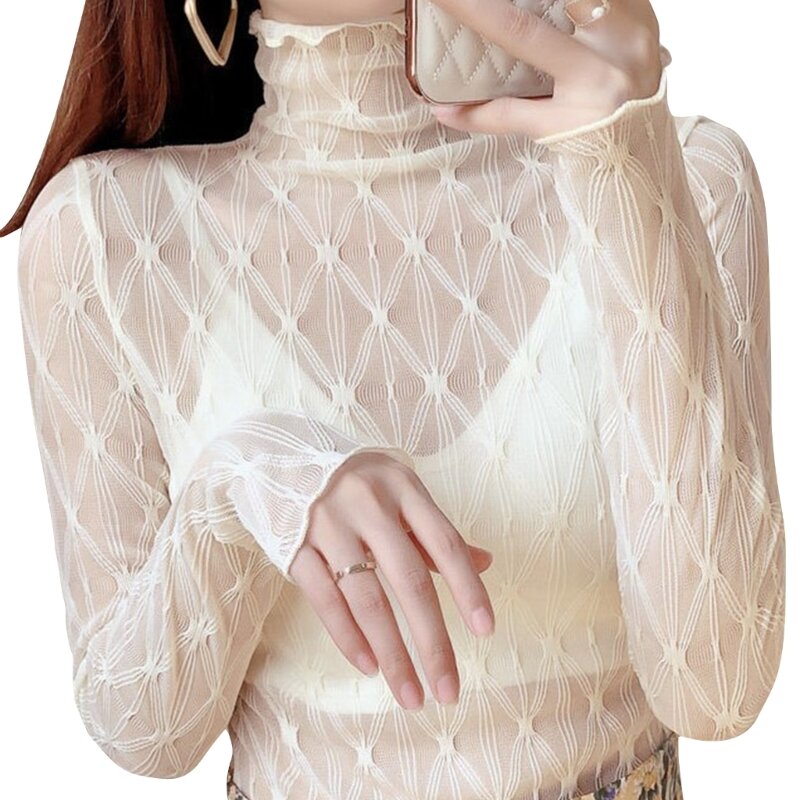 Tops encaje con cuello alto y ribete lechuga para mujer Camiseta ajustada manga larga