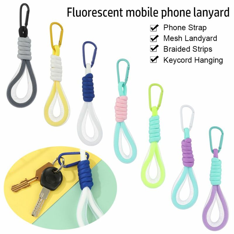 Cor fluorescente Keychain, pendurado tiras trançadas, malha Landyard, cinta do telefone, bonito Keycord, moda