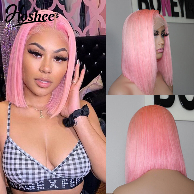 Peluca de cabello humano liso de 13x4 para mujer negra, postizo de encaje Frontal, corte Bob Pixie corto brasileño Remy, color rosa