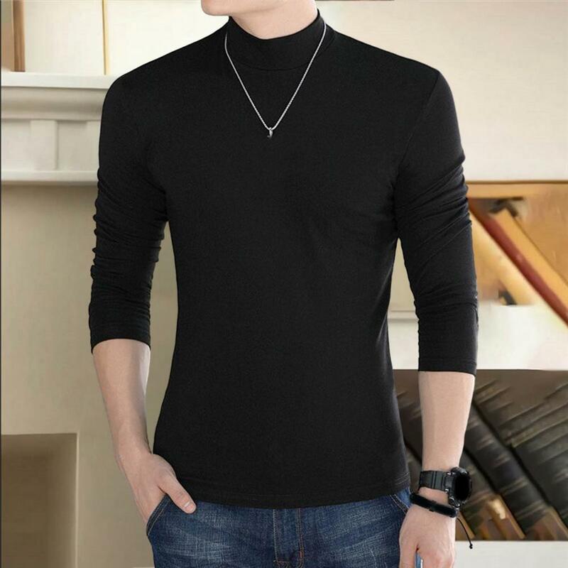 Camiseta masculina justa de meia gola alta, blusa de manga comprida, cor sólida, camiseta quente, primavera, outono