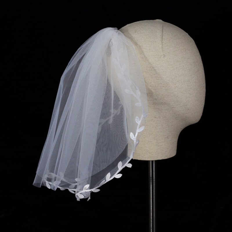 2 яруса свадебная вуаль листья декор 14,6 дюймов короткая длина прозрачный тюль иллюзия вуали для свадьбы косплей реквизит для
