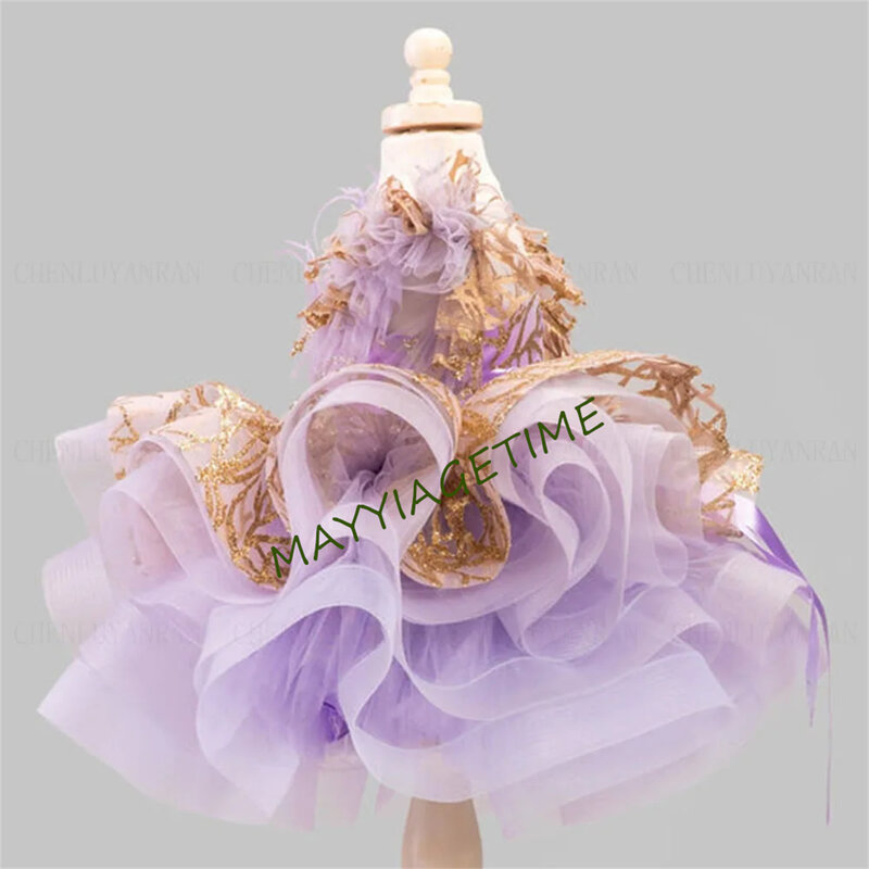 lilac Puffy Flower Girl Dress Tulle Short Girls Princess Wedding Party Dress Lace Applique Feather First Communion Gown Dres