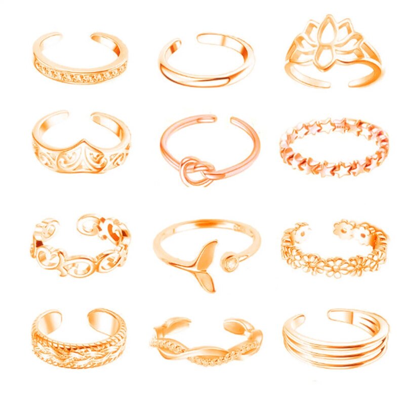 12 buah cincin kaki cincin jari terbuka warna mawar/perak/emas Set cincin dapat disesuaikan Aloi untuk wanita perhiasan kaki pantai musim panas