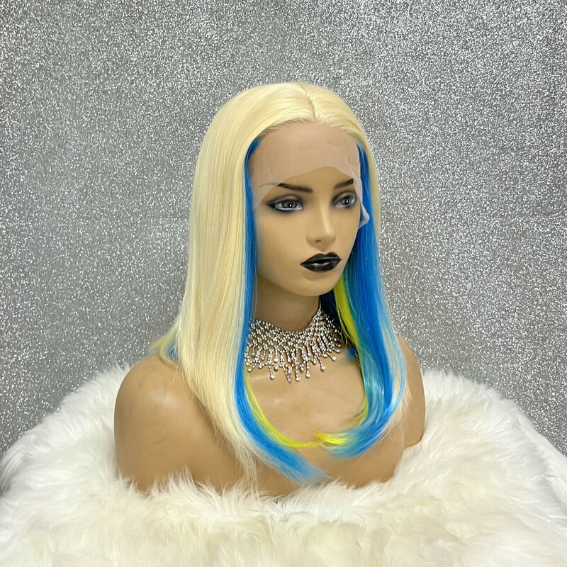 Wig Cosplay renda depan pendek wanita, wig Cosplay ratu tanpa lem suhu tinggi transparan serat 613 warna pirang 13x3.5