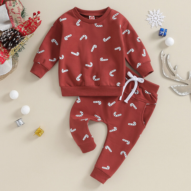 Toddler Baby Christmas Outfits Cartoon Candy Cane Print Long Sleeve Sweatshirt Tops Elastic Waist Pants Set Xmas Clothing Set