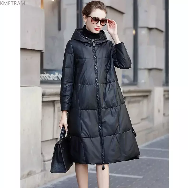 Real Leather Jacket Women Winter Casual Genuine Sheepskin Leather Jackets Loose Hooded Long Down Coats A-line ropa mujer