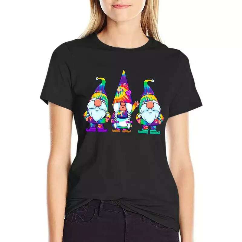 Three Hippie Gnomes Tie Dye Retro Vintage Hat Peace Gnome T-Shirt summer top summer clothes Women's tops