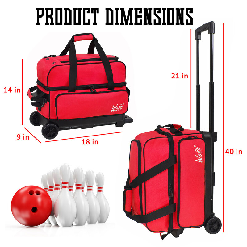 WOLT | Double Roller 2 Ball Bowling Bag with Separate Shoe Compartment, Large Capacity Bowling Ball Bag with Accessory Pocket, R
