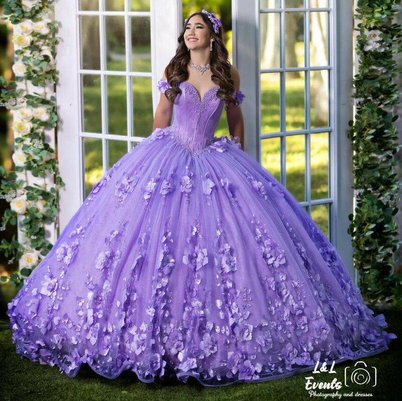 Vestidos de Quinceañera de princesa púrpura lavanda, apliques florales 3D, vestido de deshuesado con hombros descubiertos, corsé de quinceañera 15, cordones de Graduación
