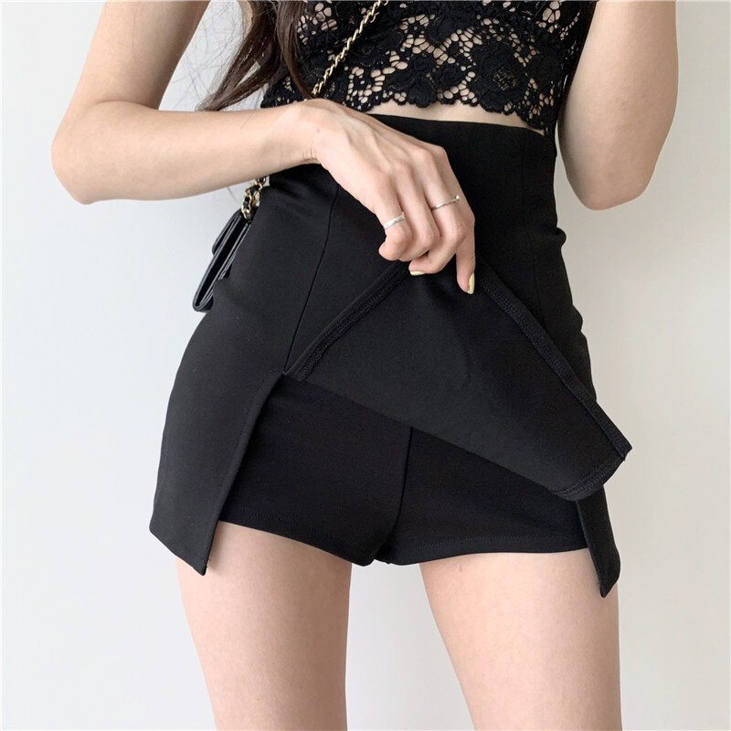 เซ็กซี่กางเกงขาสั้นกระโปรงสำนักงานผู้หญิงสุภาพสตรีชุดกระโปรงฤดูร้อนใหม่สีดำมินิ A-Line กางเกงกระโปรงเอวสูงกว้างขากางเกงขาสั้น