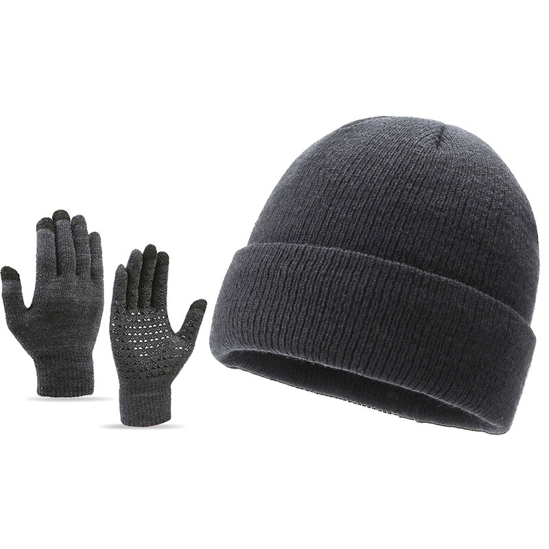 Зимняя Шапка-бини с бархатным утеплением, мужской вязаный комплект из шапки и перчаток, мужские повседневные Шапки, мягкая шапка