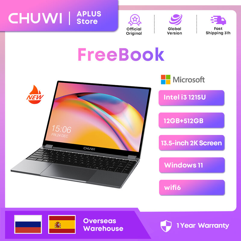 CHUWI-Computador portátil conversível FreeBook, 2 em 1, 512GB SSD, 12GB LPDDR5, 1215U Intel i3, 13,5 "IPS Display FHD, WiFi 6, janelas 11