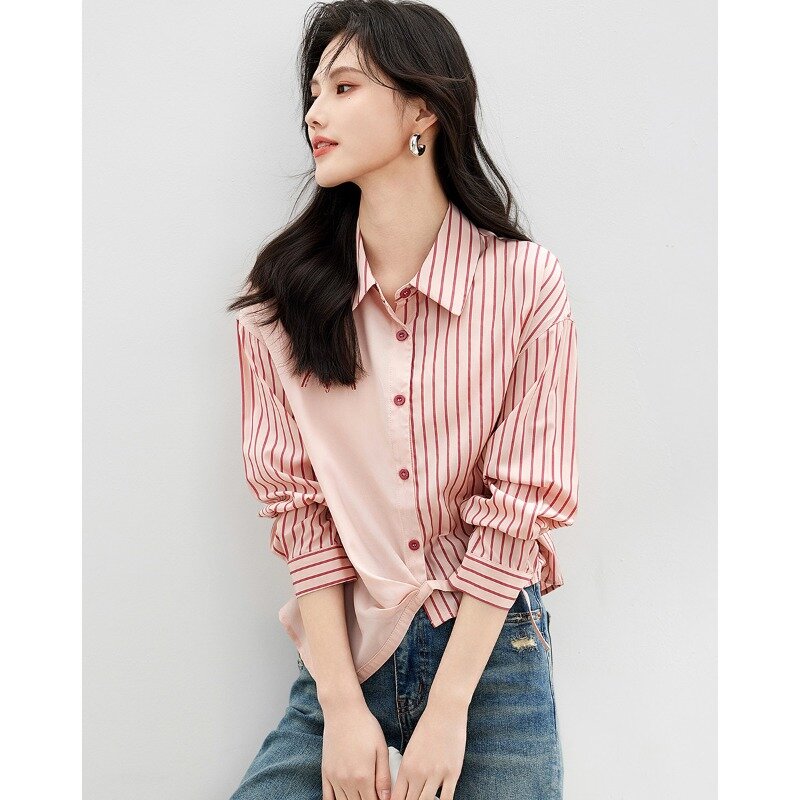 Miiiix-Top solto casual feminino, moda coreana, contraste listrado, design irregular, camisas curtas, roupas femininas, novo, primavera, 2022