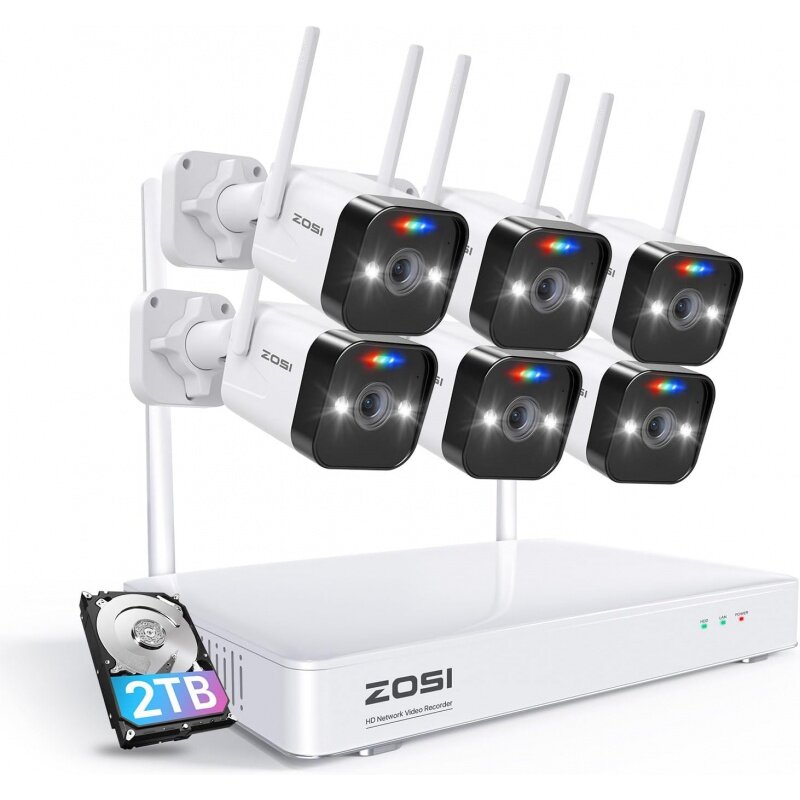 Zosi-نظام كاميرات أمان لاسلكية ، في الأماكن الداخلية والخارجية ، كاميرات مراقبة واي فاي ، 2 ، HDD ، 3 ميجابكسل ، رؤية ليلية ملونة ، 2K ، 6 نأخذ
