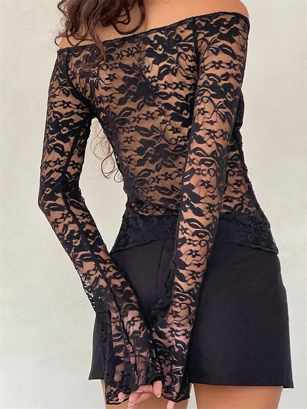 CHRONSTYLE-Conjunto de 2 piezas de encaje Floral para mujer, Camiseta con hombros descubiertos, minifalda dividida, ropa de calle