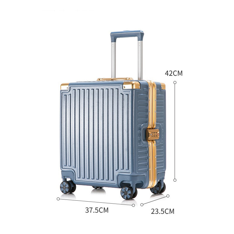 Koper perjalanan bingkai aluminium 18 inci, koper kotak kata sandi Mini portabel, tas bagasi Roda Universal, koper perjalanan 18 inci