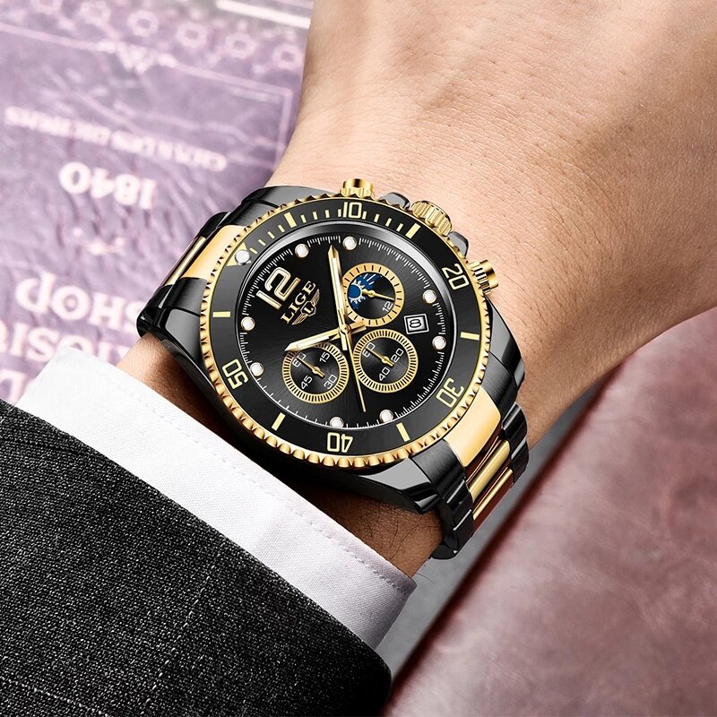 LIGE Big Chronograph męskie zegarki sportowe Casual ze stali nierdzewnej lśniące zegarki na rękę dla mężczyzn kreatywny Design zegar kwarcowy