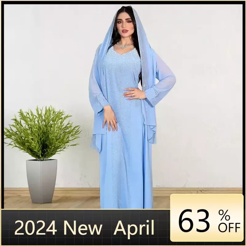 Abaya vestido largo musulmán de manga larga con cuello en V, Vestido largo de noche para fiesta de diamantes azules y rosas, moda musulmana