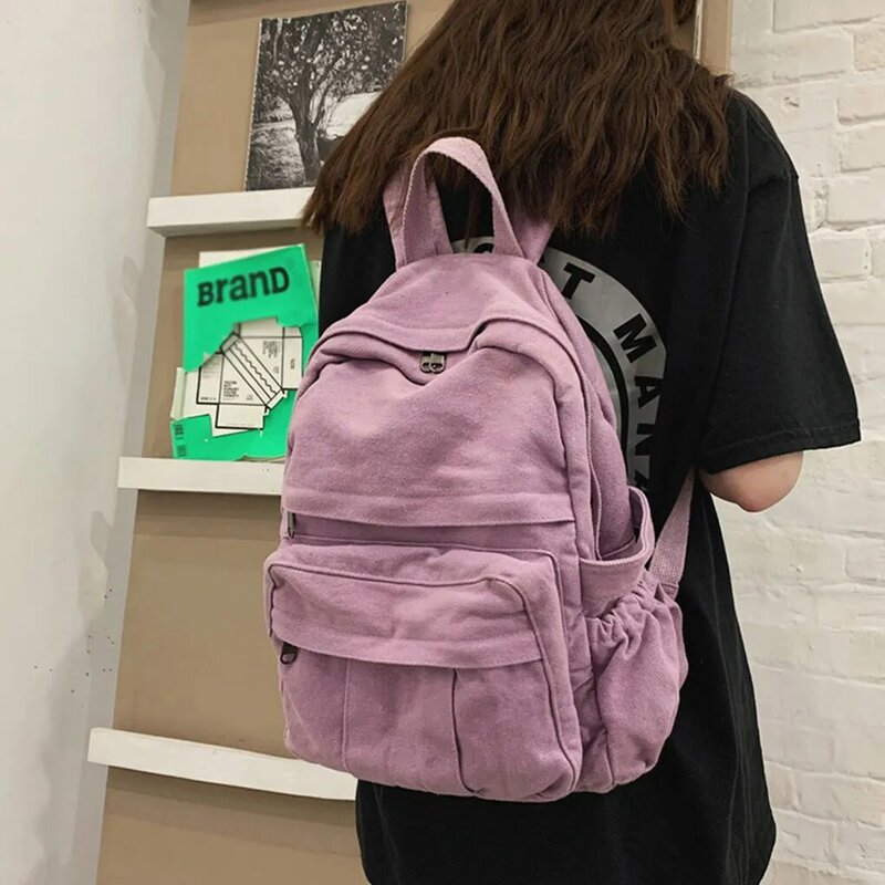 Ransel kanvas perempuan tas penutup ritsleting tas sekolah ransel belanja kasual tas punggung pelajar bepergian tas pundak hijau