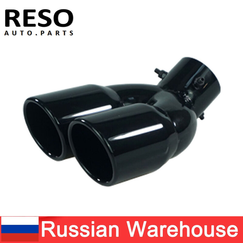 RESO   Universal Car 63mm Inlet Diameter 76mm Outlet Double-Barrel Rear Exhaust Tip Tail Pipe Muffler Stainless Steel