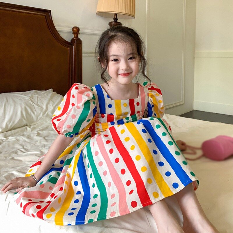 Летнее Пышное Платье для девочек с красочным принтом в горошек, элегантное платье до колена с квадратным вырезом, одежда для девочек 3-8 лет