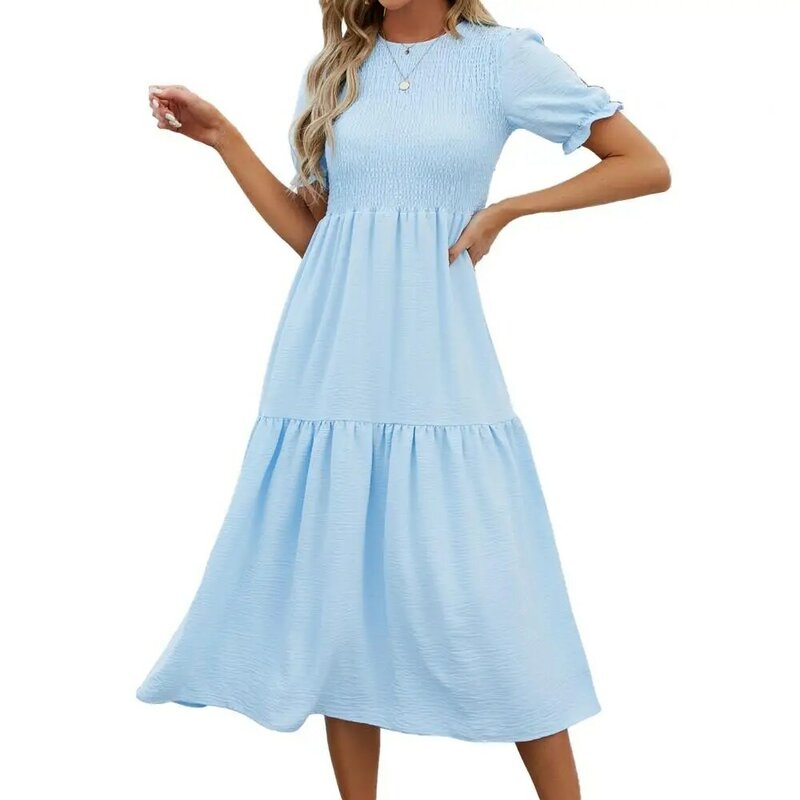 Women Round Neck Stitching Dress Summer Short Sleeved Elastic Waist Ruffled Hem Dress 2024 Fashion Pullover Elegant Clothes