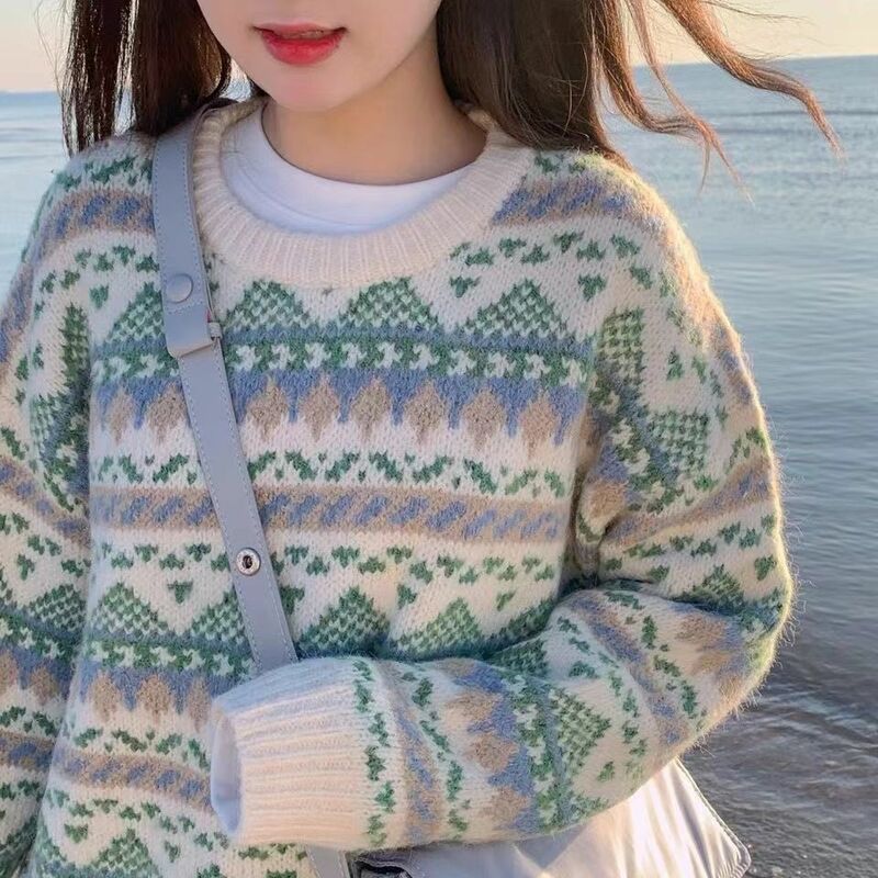 Sweter Musim Gugur dan Dingin 2023 Pulover Kerah O Antik Atasan Jumper Gaya Jepang Atasan Kasual Rajut Lucu Manis Longgar J64