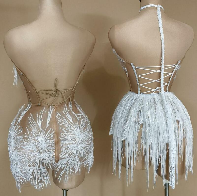 Przejrzeć damskie suknie koktajlowe Brithday prześwitująca seksowna luksusowe z białymi perłami sukienka z frędzlami czarna dziewczyna Shangxue Short suknie balowe