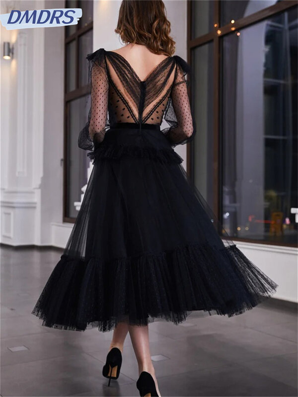 Stylowa tiulowa sukienka 2024 klasyczne suknie wieczorowe z długimi rękawami o linii a Sexy koronkowe suknie o długości podłogi Vestidos De Novia