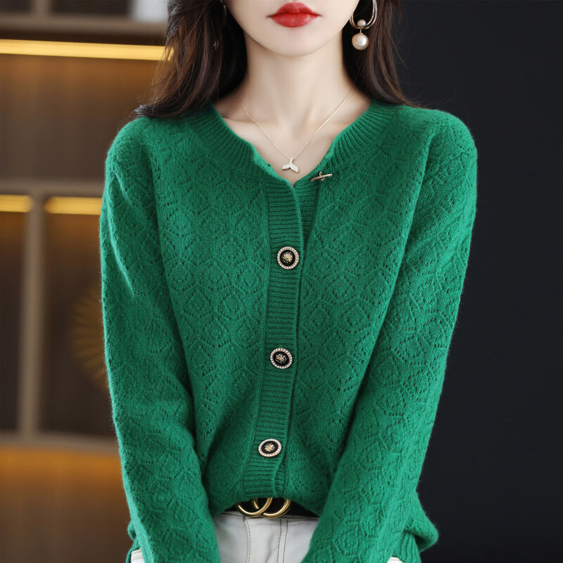 Cardigan à col rond pour femme, pull creux, manteau décontracté, style coréen, 100% pure laine, mode automne et hiver, nouveau