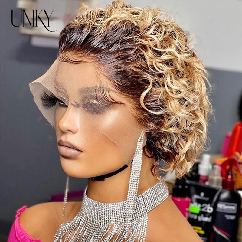 Pixie Cut Wig Short Bob Curly Human Hair Wigs Cheap 13X1 Transparent Lace 99J Burgundy Water Deep Wave Lace Front Wig For Women