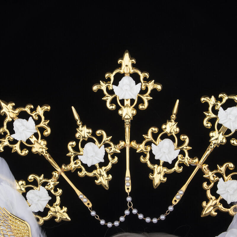 Lolita Sun Halo Crown Headpiece Tassel Bead Chain Angel Wings Rose Spiked Headband Gothic Vintage Mary Baroque Tiara Headwear