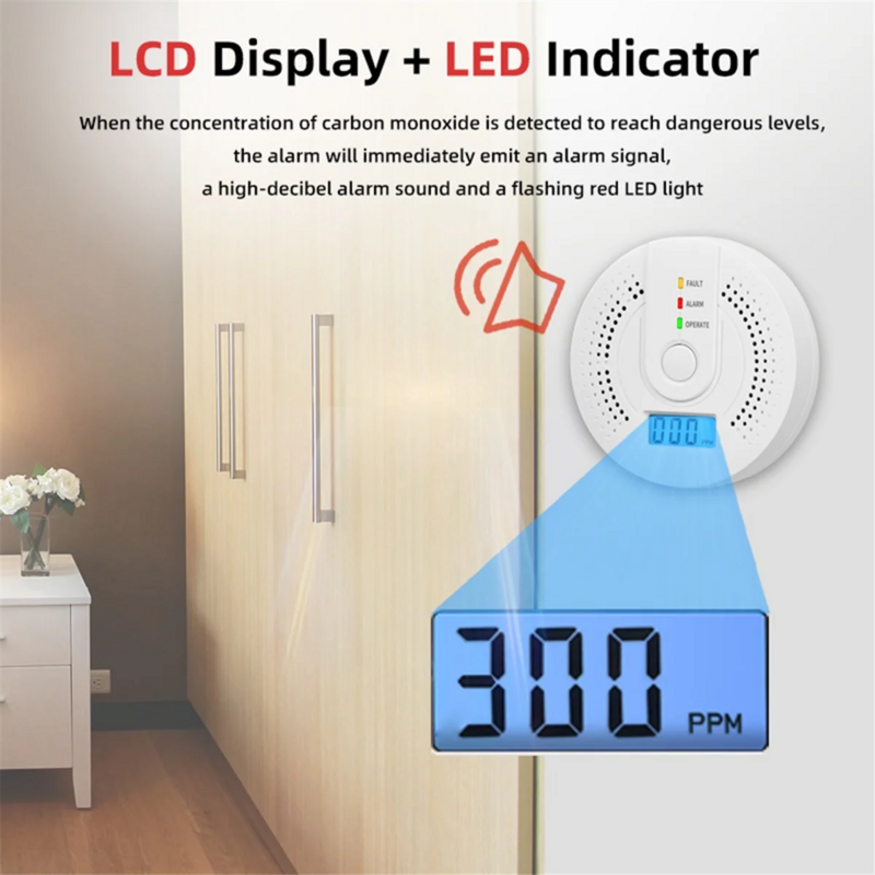 Detektor monoksida 1 buah, Alarm karbon monoksida portabel untuk rumah, Alarm CO dengan UL2034 (baterai tidak termasuk)