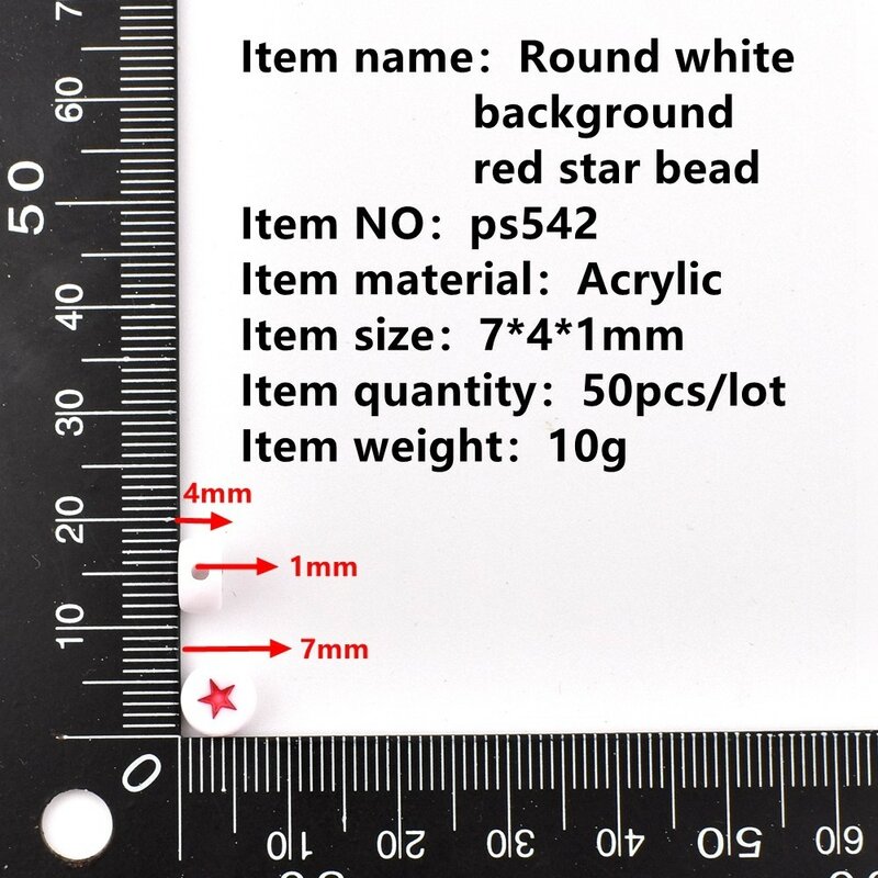 ジュエリー作り用のアクリルレタービーズ,丸い白い背景,赤い星,7x4x1mm, DIY,ロットあたり50個