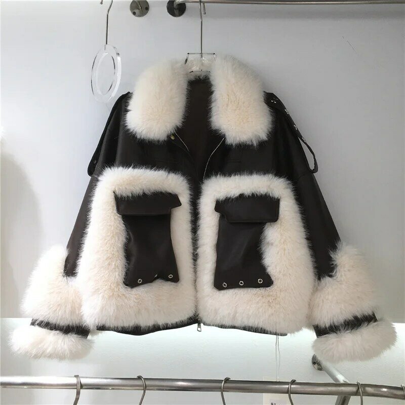 Moda 2023 inverno escritório nova senhora imitação de pele de raposa casaco feminino curto grande bolso rebites jaqueta de pele do falso chique roupas femininas