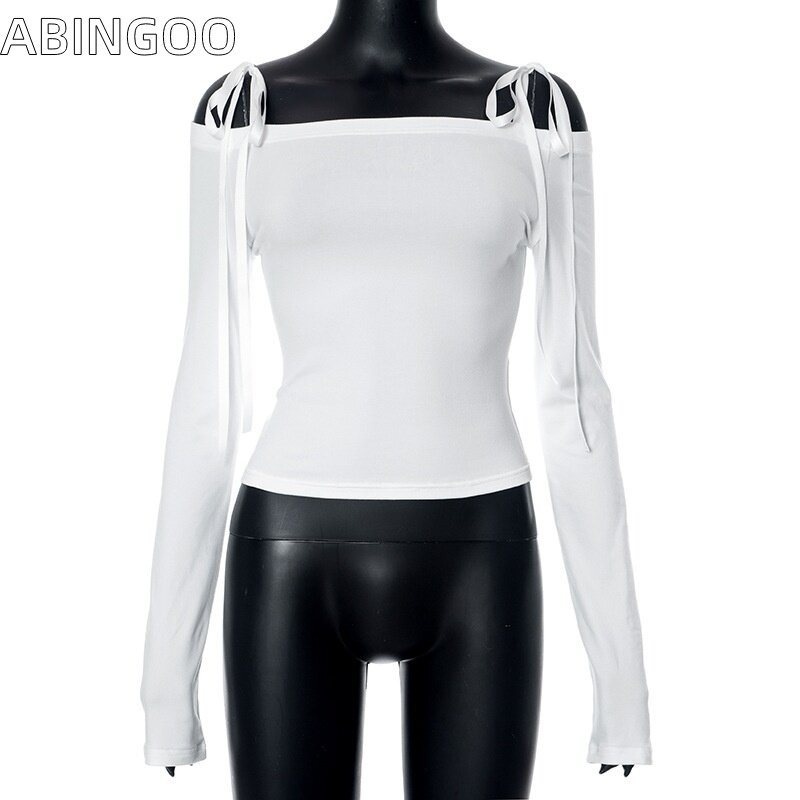 ABINGOO-Camiseta de manga larga para mujer, Top Sexy con lazo y hombros descubiertos, color blanco, Y2K