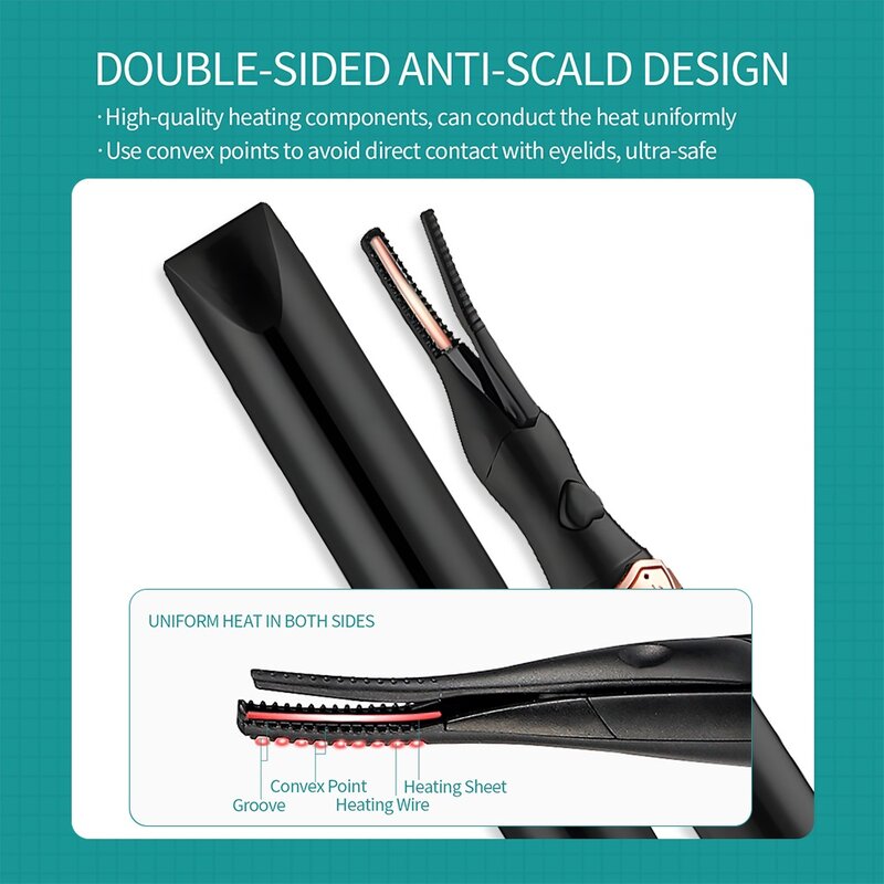 2-IN-1 Eyelash Curler Heating Styling Clip 60s Curling Lash Curler Long-lasting Curling Comb&Clip Dual Use Ironing Brush Mascara