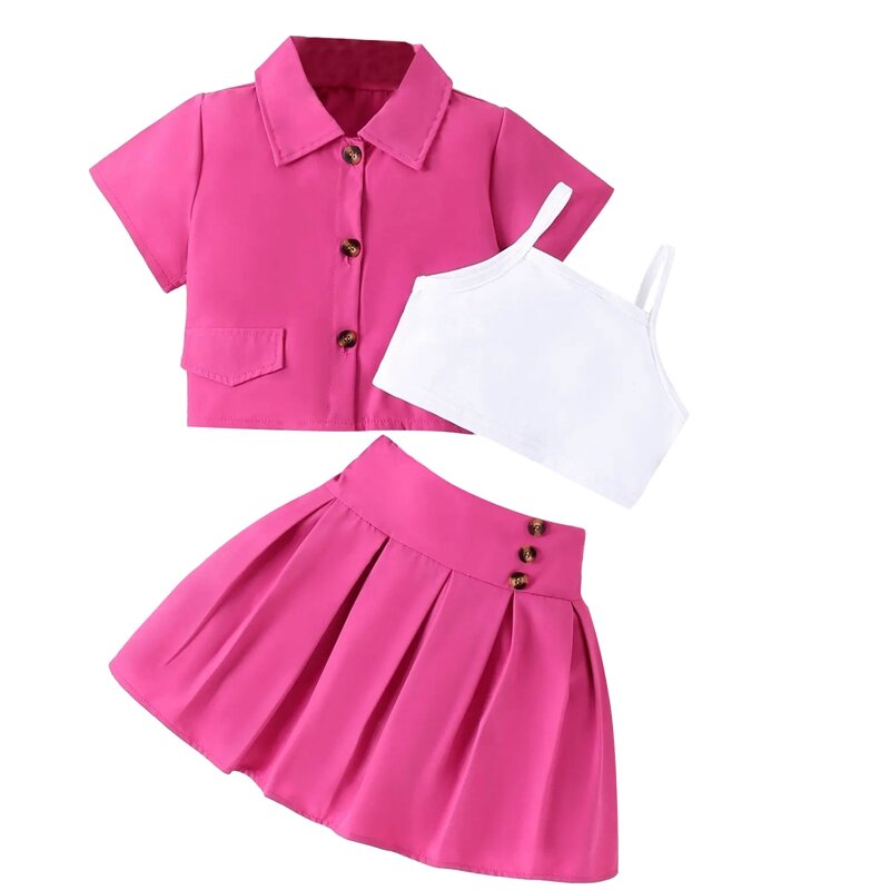 4-7 Years 2PCS Kid Girls Summer Clothes Short Sleeve Button Up Shirt + Cami Tops + Skirt Set Toddler Spring Outfits