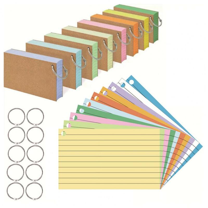 Cartes d'index colorées avec anneau en métal, notes autocollantes, papier épaissi, écriture lisse, étude lignée, cartes flash, efficace