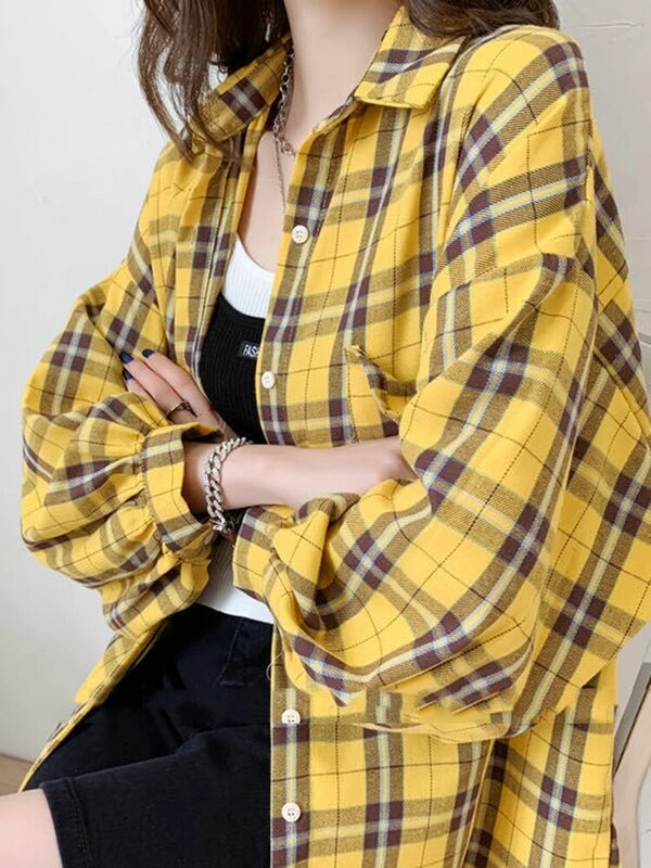 JMPRS-camisa a cuadros para mujer, Tops coreanos de gran tamaño, Harajuku, diario, combina con todo, manga larga, camisas amarillas elegantes para mujer, novedad