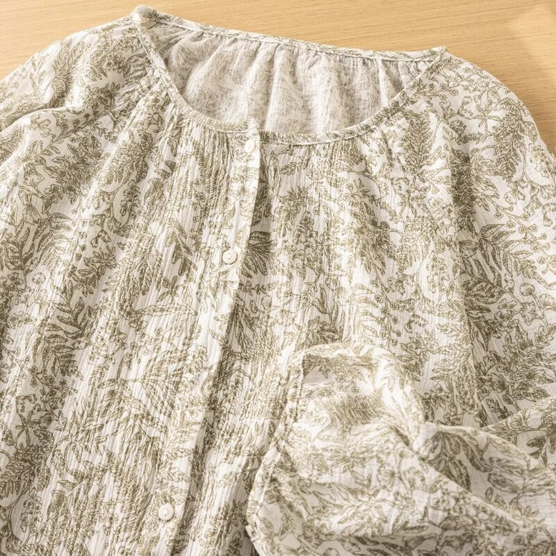 Blusa vintage de algodón para mujer, camisa de manga tres cuartos con estampado de hojas, talla grande, 2024