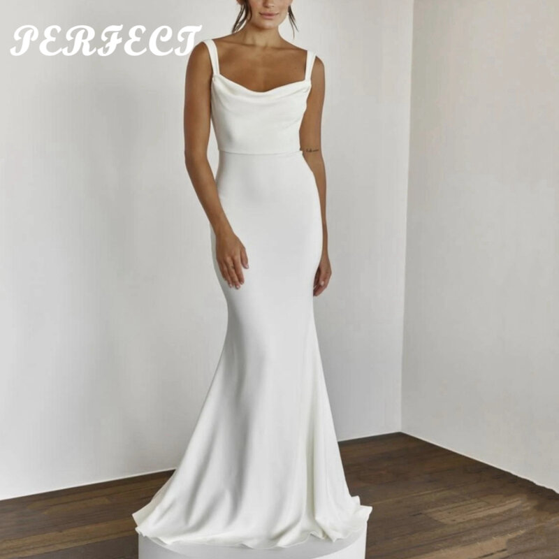 PERFECT Spaghetti Strap Satin Wedding Dress Sleeveless Mermaid Bridal Gowns Customize To Measures Robe De Mariee Sweep Train