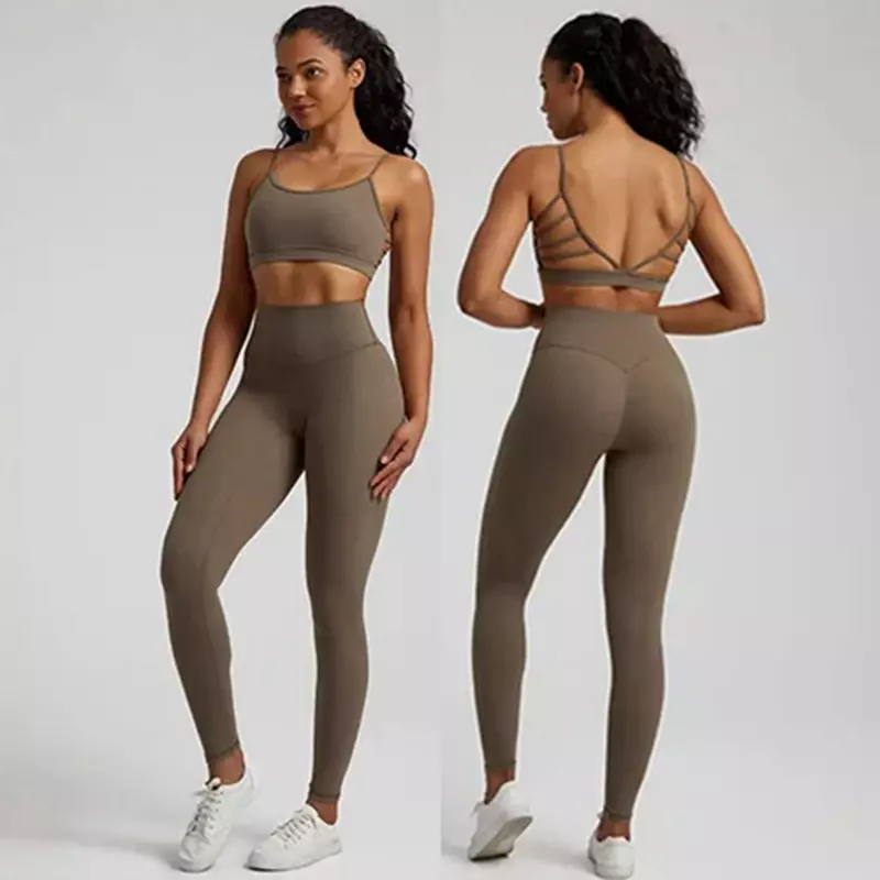 Lemon  Gym Fitness Yoga Set Legging Back Cross Sport Bra Top 2pc Suit Comprehensive Training Jog Womencutout Tie Round Neck