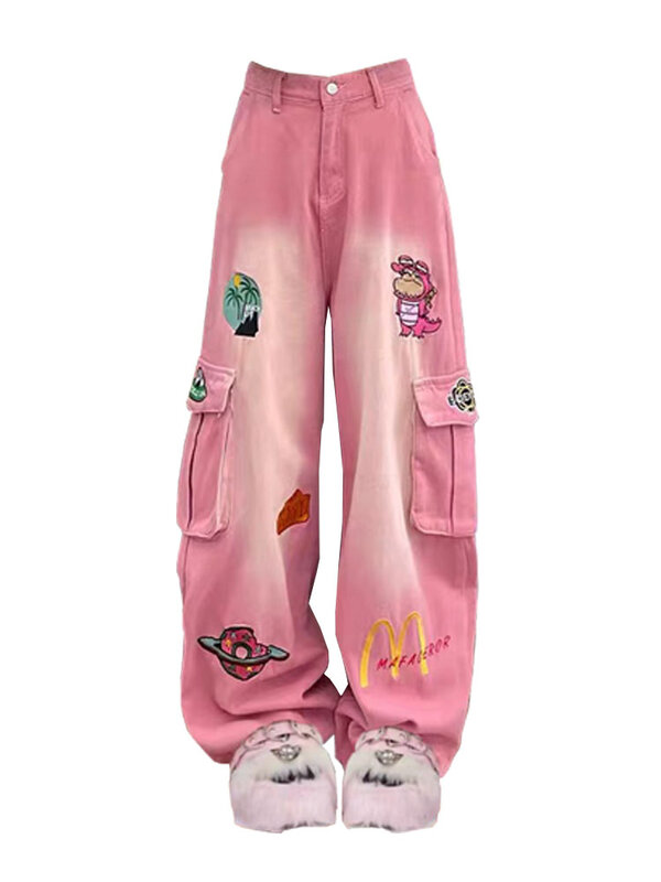 Женские брюки в стиле ретро American Vibe, свободные прямые широкие брюки в стиле High Street с вышивкой из мультфильма, розовая ткань с эффектом потертости