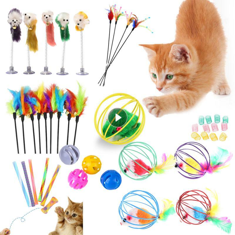Juguete interactivo de dibujos animados para gato, palo con varilla de plumas, ratón con Mini campana, Teaser, suministros para mascotas de Color aleatorio