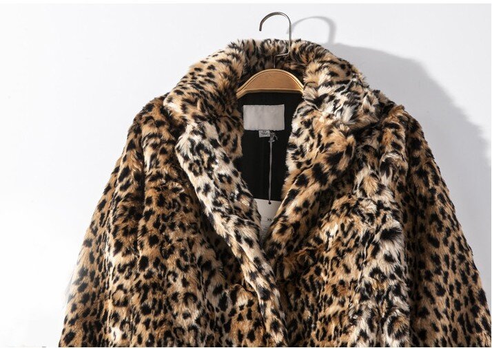 Abrigo de leopardo para mujer, abrigo grueso de longitud media, piel de oveja de imitación, moda