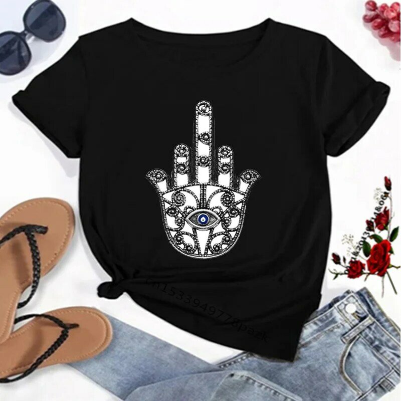 Hamasa Hand of Fatima 프린트 여성용 티셔츠, 행운의 Hamsa Hamsa Hand Harajuku 남녀공용 티셔츠, 여름 반팔, 블랙 탑 티