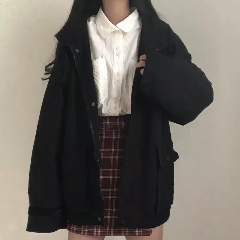 Jaqueta básica de manga comprida feminina, outwear feminino, estilo Harajuku solto, combina com tudo, nova moda, bolso sólido para carga, primavera