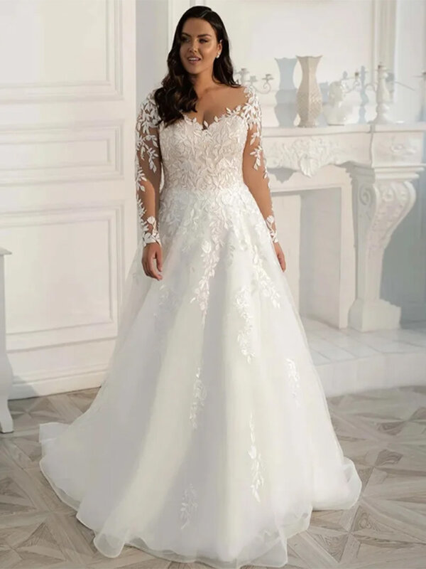 Plus Size prześwitująca suknia ślubna z dekoltem w szpic długie rękawy koronkowa tiulowa aplikacja o linii Boho ślubne suknia 2023 szyta na zamówienie szata de mariée