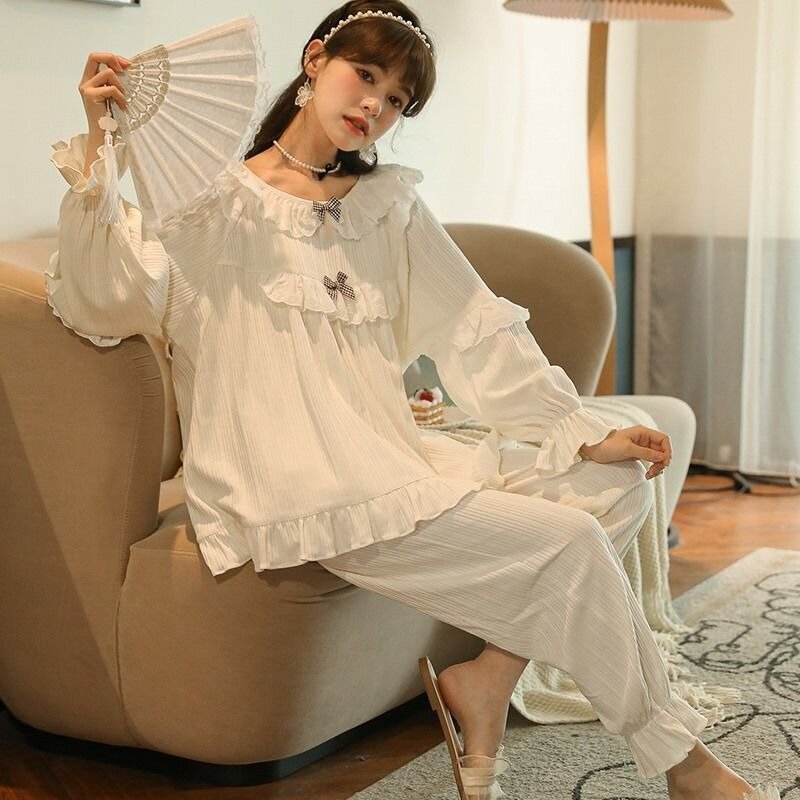 Pijama feminino de mangas compridas, terno de duas peças, pijama casual, doce estilo princesa, roupa de casa solta, início da primavera, 2022